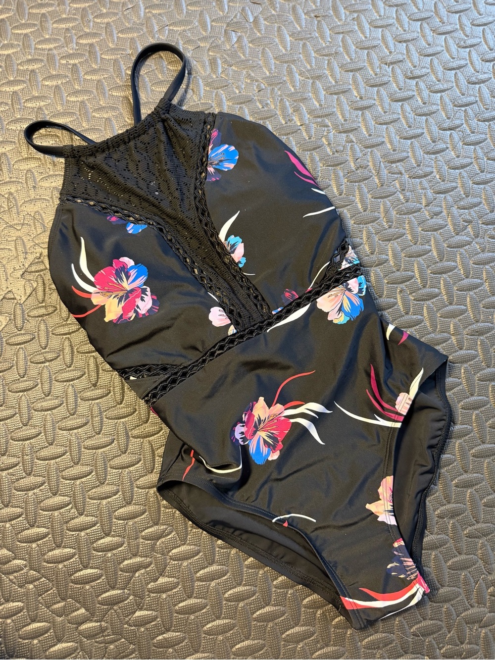 dip Black Floral Lace-Trim One-Piece Halter Swimsuit NWT Size Small